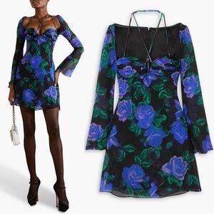 Richard Quinn Floral Print Bustier Silk Chiffon Mini Dress Size 4 NWT Black